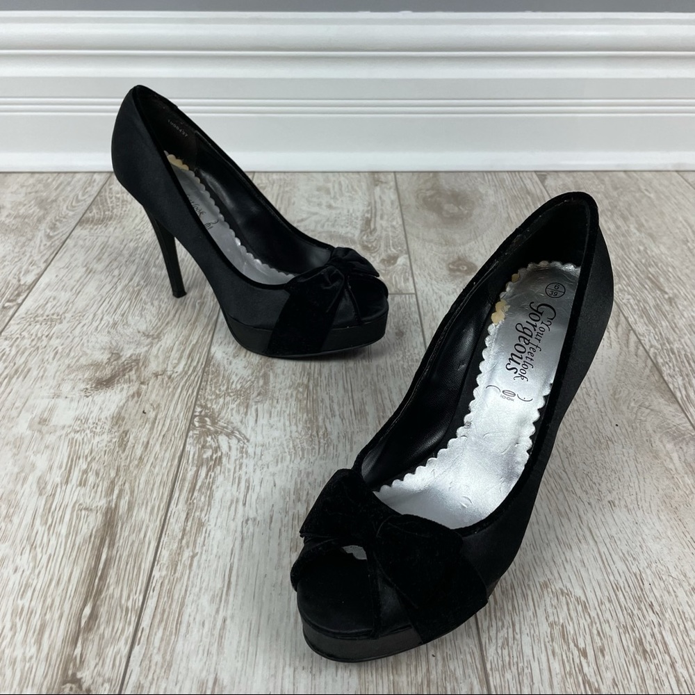 Neu look 39 satin velvet ribbon bow heels platform pumps peep toe